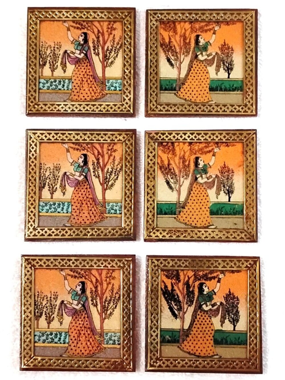 6 Pc Set Vintage Made in India Women in Sari Glass & Brass Coasters Velvet Backs